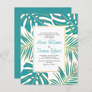 BUDGET teal tropical leaves wedding invitation