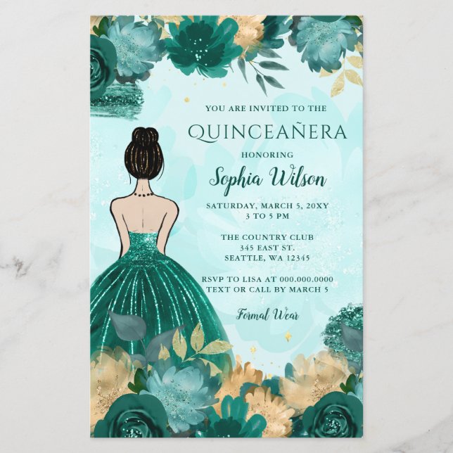 Budget Teal Turquoise Gold Princess Quinceañera  (Front)