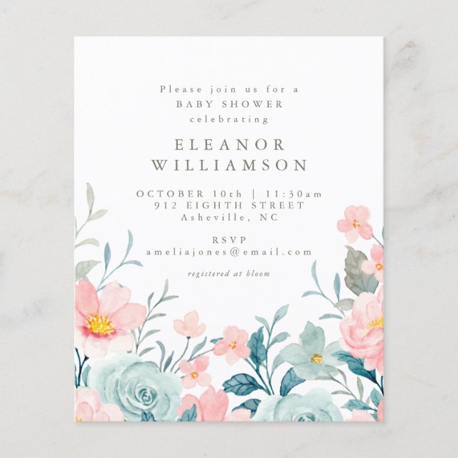 Budget Teal Watercolor Floral Baby Shower Invite (Front)