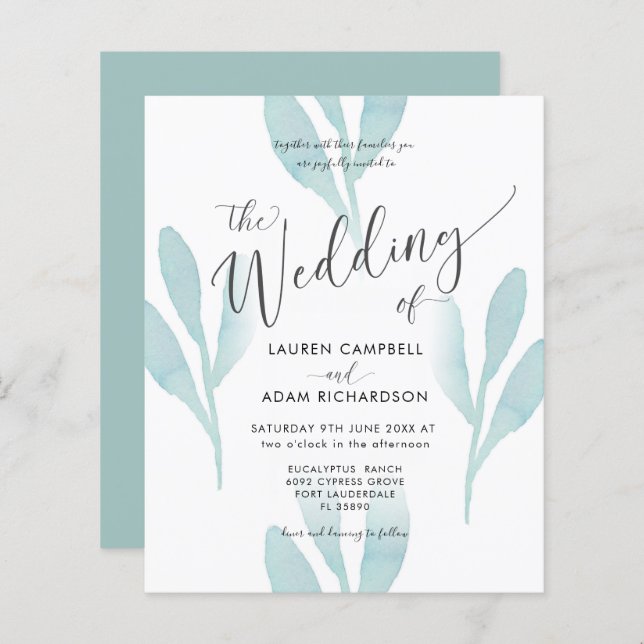 Budget Teal Watercolor Foliage Wedding Invitation (Front/Back)