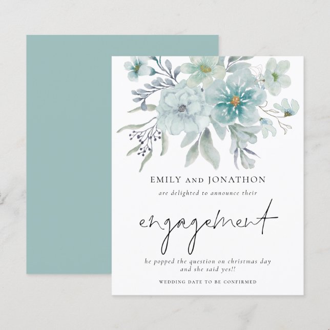 Budget Teal White Florals Engagement Announcement (Front/Back)