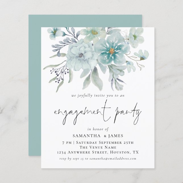Budget Teal White Florals  Engagement Party Invite (Front/Back)