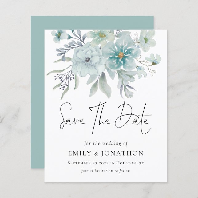 Budget Teal White Florals Wedding Save The Date (Front/Back)