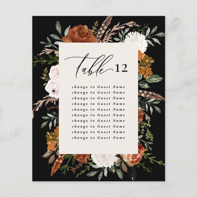 Budget terracotta black floral table seating plan (Front)