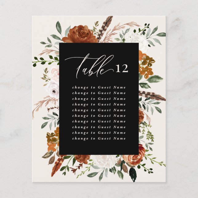 Budget terracotta black floral table seating plan (Front)