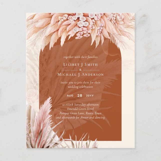 BUDGET Terracotta Coral Pampas Grass Wedding Flyer (Front)
