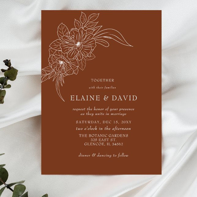Budget Terracotta Floral Sketch Wedding Invitation (Creator Uploaded)