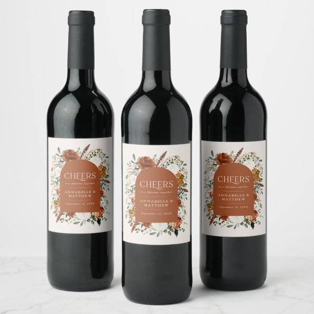 Budget Terracotta floral wedding favour gift Wine  Label (Bottles)