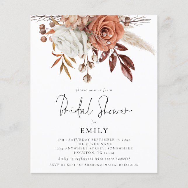 Budget Terracotta Florals Bridal Shower Invite (Front)