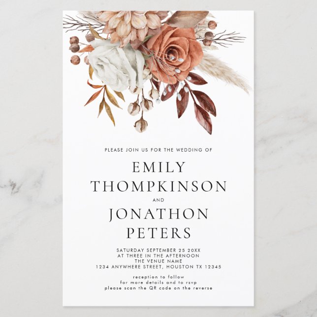 Budget Terracotta Florals Code Wedding Invite (Front)