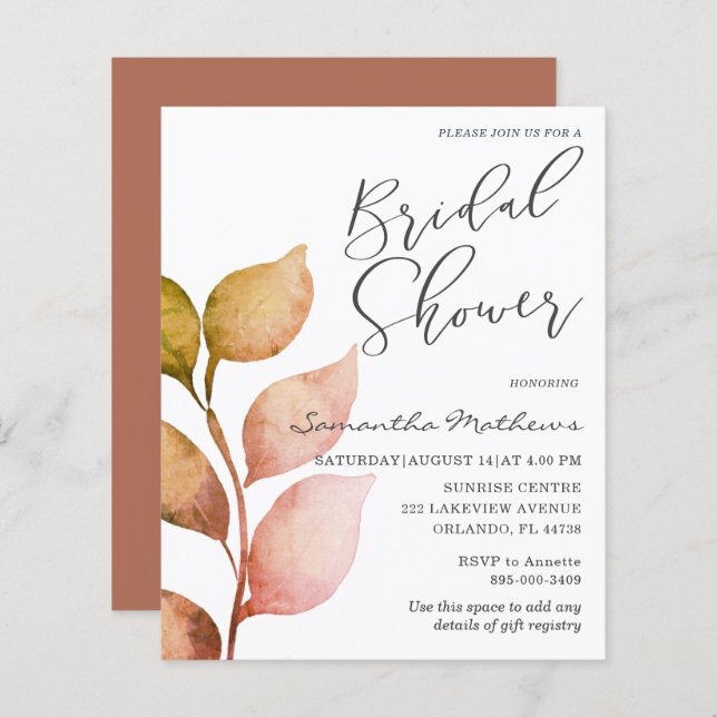 Budget Terracotta Foliage Bridal Shower Invitation (Front/Back)