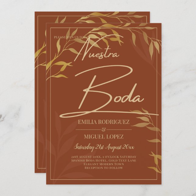 Budget Terracotta GOLD Nuestra Boda Spanish Weddin Invitation (Front/Back)
