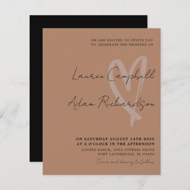 Budget Terracotta Modern Heart Wedding Invitation (Front/Back)