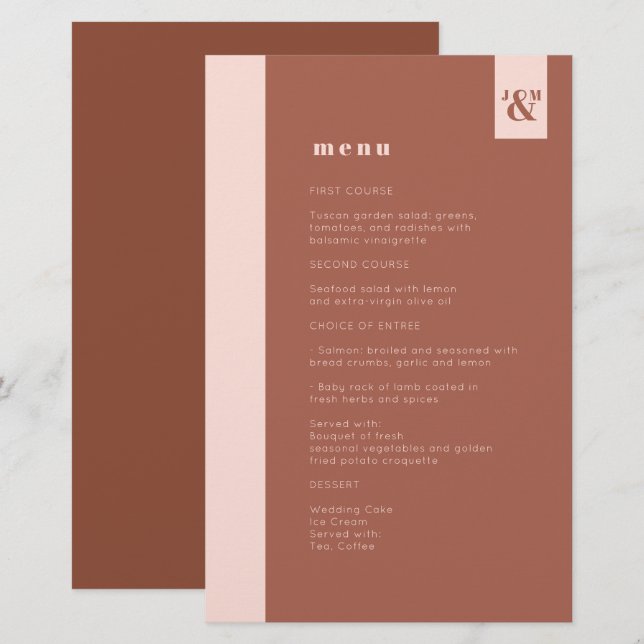 Budget Terracotta Modern Monogram Wedding Menu (Front/Back)
