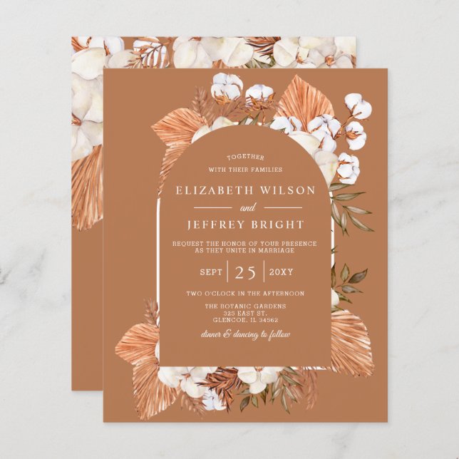 Budget Terracotta Pampas Arched Wedding Invitation (Front/Back)