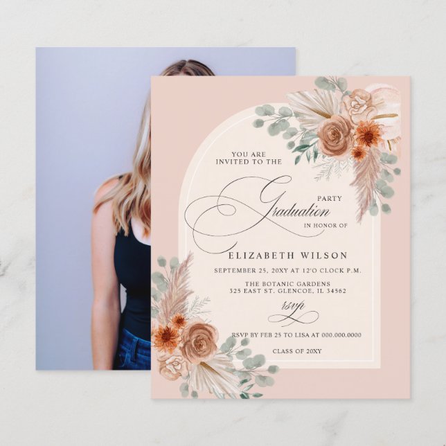 Budget Terracotta Pampas Photo Graduation Invite (Front/Back)