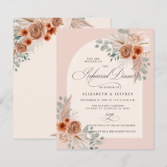 Budget Terracotta Pampas Rehearsal Dinner Invite (Front/Back)