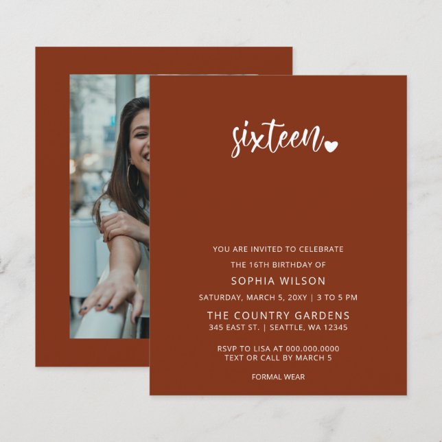 Budget Terracotta Script Sweet 16 Photo Invitation (Front/Back)