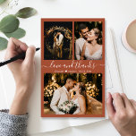 Budget Terracotta Wedding Collage Thank You Card<br><div class="desc">Budget, Modern, Terracotta Elegant Hand Lettered Wedding Three Photo Collage Thank You personalised affordable low budget thin card. Minimalist wedding thank you card template featuring three photo on the front and one photo on the back side. With the text "Love and thanks" in a swirly hand lettered calligraphy script font...</div>