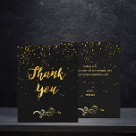 Budget Thank you card birthday black gold<br><div class="desc">A black background color and golden confetti rain. On front a hand lettered style script and the text: Thank You! and a floral faux gold decor.
Back: Personalize and add Your thank you note and name/names</div>