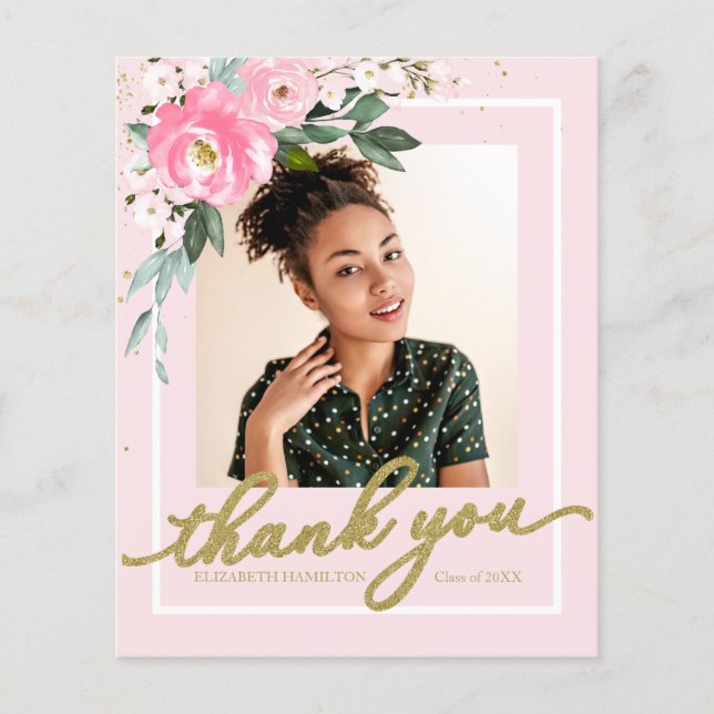 Budget Thank You Card Hot Pink Floral Grad Photo (Front)