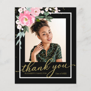 Budget Thank You Card Hot Pink Floral Grad Photo