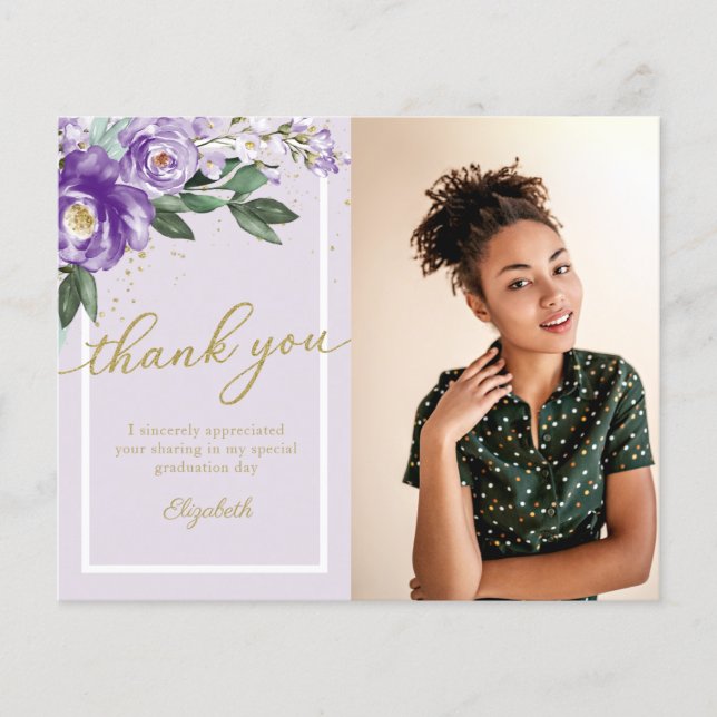 Budget Thank You Card Purple Floral Photo Grad (Front)
