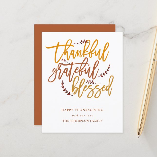 Budget Thankful Grateful Blessed Thanksgiving Card (Front/Back In Situ)