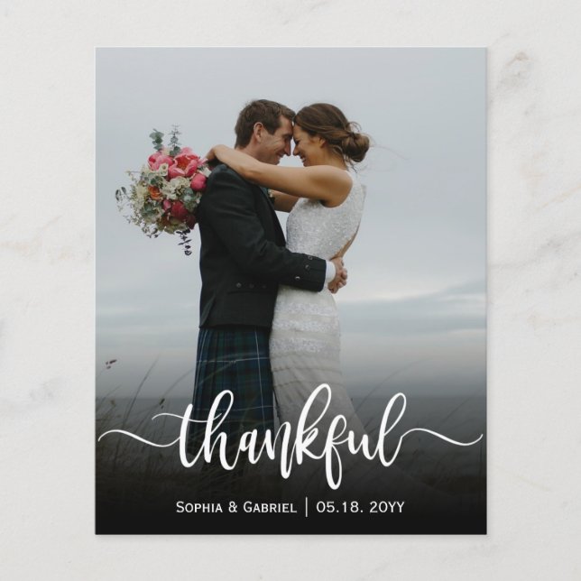 Budget Thankful script Wedding Photo Thank You  (Front)