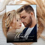 Budget Thanks Script Wedding Photo Thank You Card<br><div class="desc">Budget Modern Elegant "Thanks" Script 2 Photo Wedding Thank You affordable low budget thin card. Stylish wedding thank you template featuring a full vertical photo on the front with overlay text "Thanks" in a hand lettered calligraphy or typography script font in white on the picture. At the reverse side one...</div>