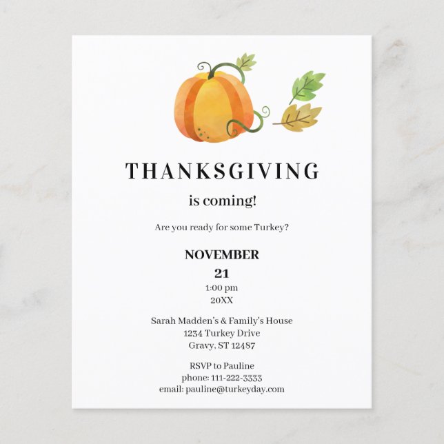 Budget Thanksgiving Pumpkin Watercolor Dinner (Front)