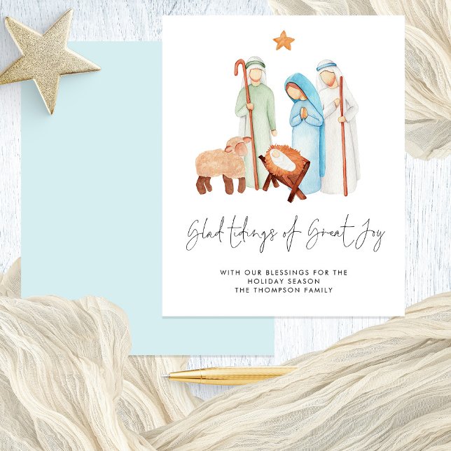 Budget Tidings Great Joy Nativity Holiday Card (Front and Back View Budget price 4.5 x 5.6" alternative)