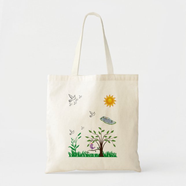 Budget tote handbag white birds flying over pond (Front)