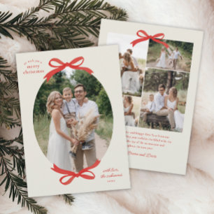 Budget Traditional Christmas Red Bow Oval Photo Holiday Card