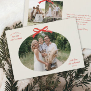 Budget Traditional Christmas Red Bow Oval Photo Holiday Card