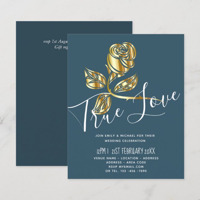 BUDGET Trending True Love Gold Rose Wedding Invite (Front/Back)