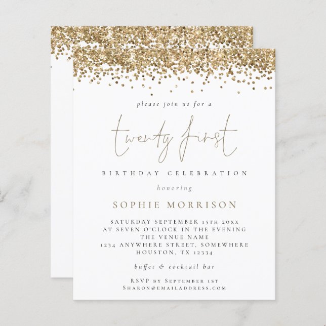 Budget Trendy Gold Glitter 21st Birthday Invite (Front/Back)