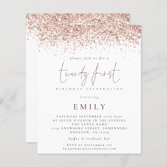 Budget Trendy Rose Glitter 21st Party Invitation (Front/Back)