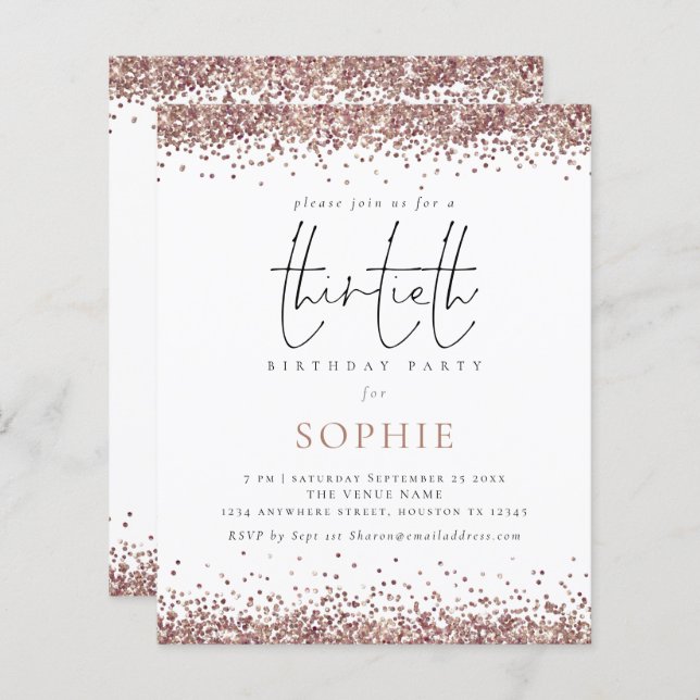 Budget Trendy Rose Gold Glitter 30th Party Invite (Front/Back)