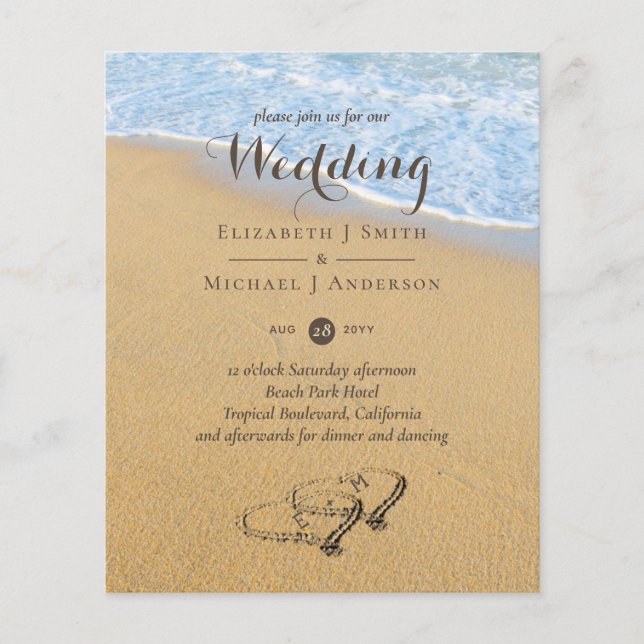 Budget Tropical Beach Hearts in Sand Wedding Invit (Front)