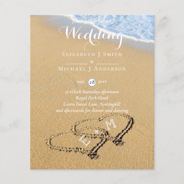 Budget Tropical Beach Hearts in Sand Wedding Invit (Front)