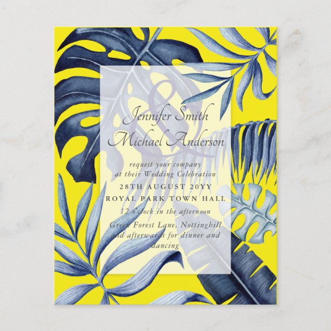 Budget Tropical Blue Yellow Leaf Wedding (Front)
