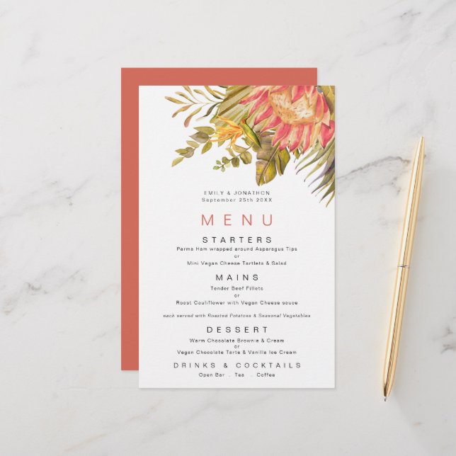 Budget Tropical Foliage Coral Wedding Menu (Front/Back In Situ)