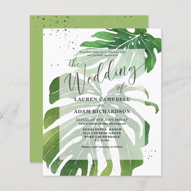 Budget Tropical Foliage Green Wedding Invitation (Front/Back)