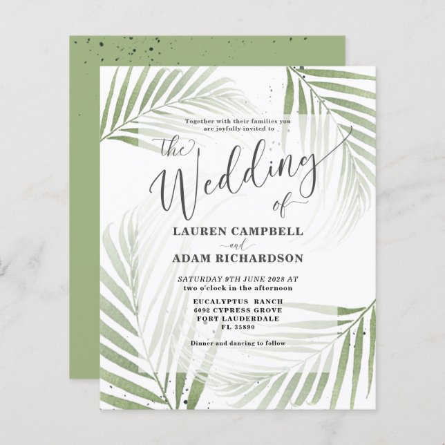 Budget Tropical Foliage Green Wedding Invitation (Front/Back)