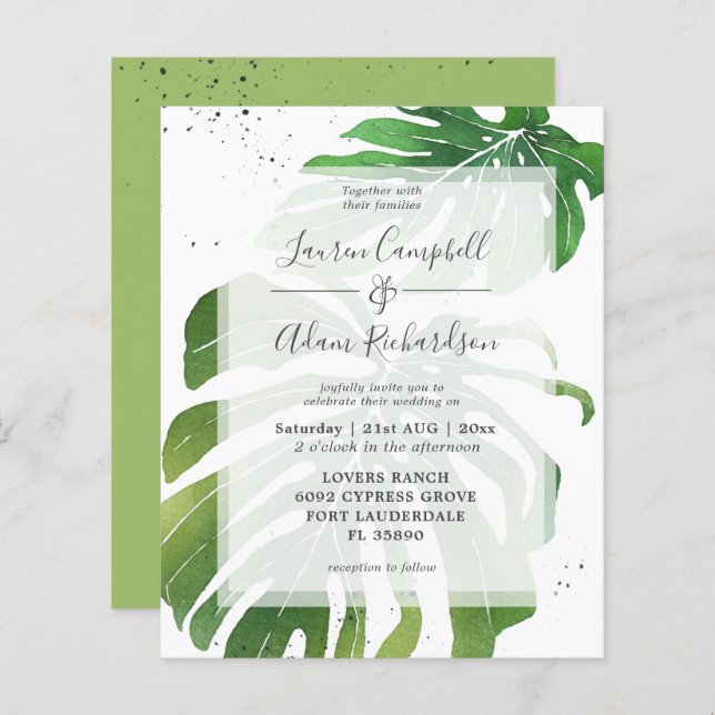 Budget Tropical Foliage Green Wedding Invitation (Front/Back)
