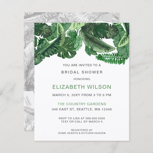 Budget Tropical Greenery Bridal Shower Invitation (Front/Back)