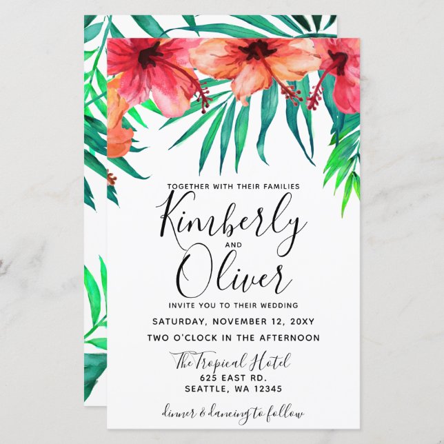Budget Tropical Hibiscus Beach Wedding Invitation (Front/Back)