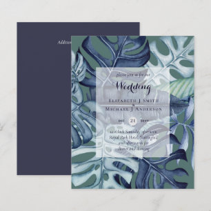 BUDGET Tropical Leaf Blue Teal Wedding Invite