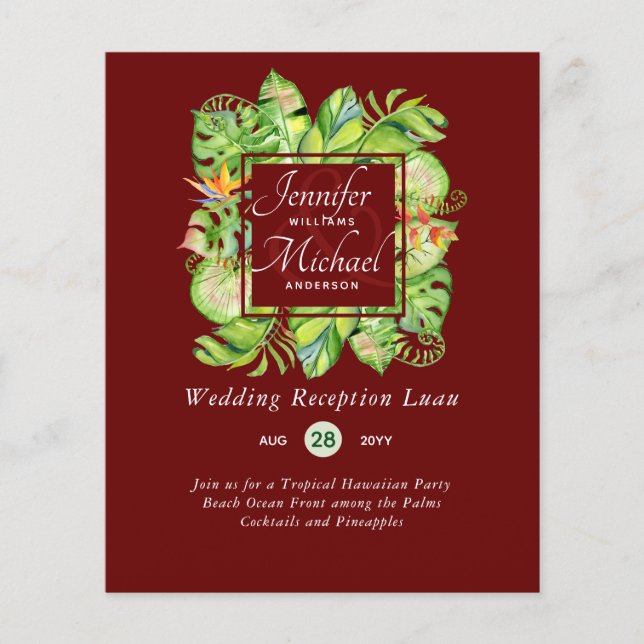 Budget Tropical Leaves Luau Wedding Reception Invi (Front)